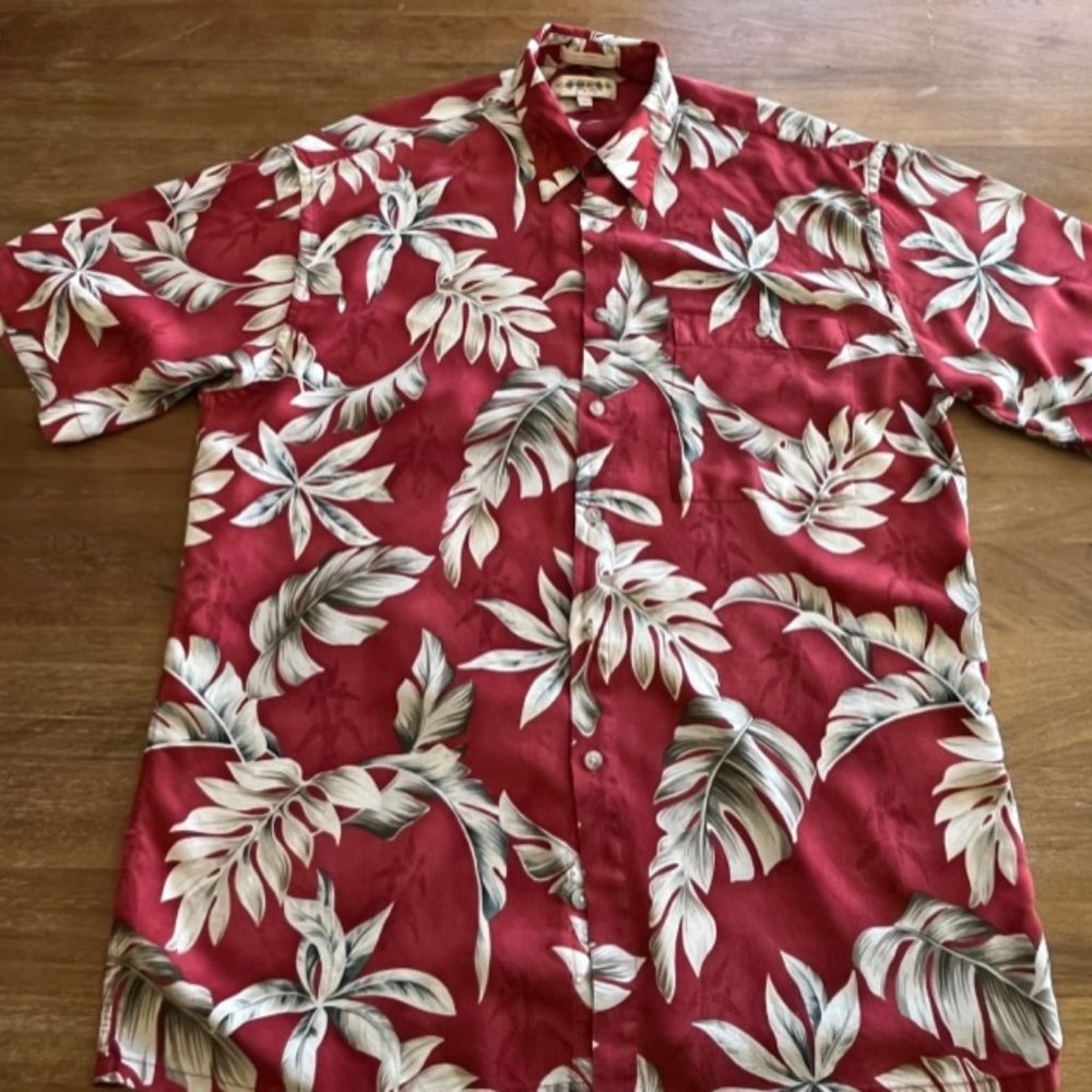 Vintage Campia Moda Mens Hawaiian Floral Shirt S/S Size Large LG Red Tan‎ Rayon